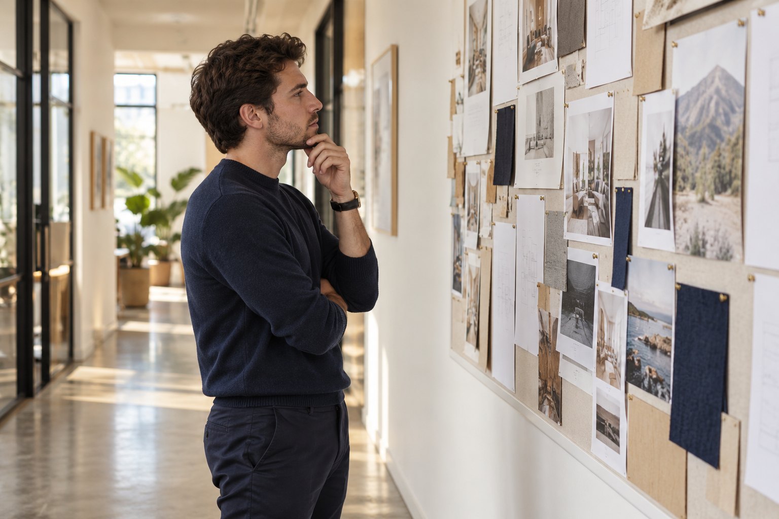Construire une stratégie de carrière : jeune professionnel observant un projet dans un couloir