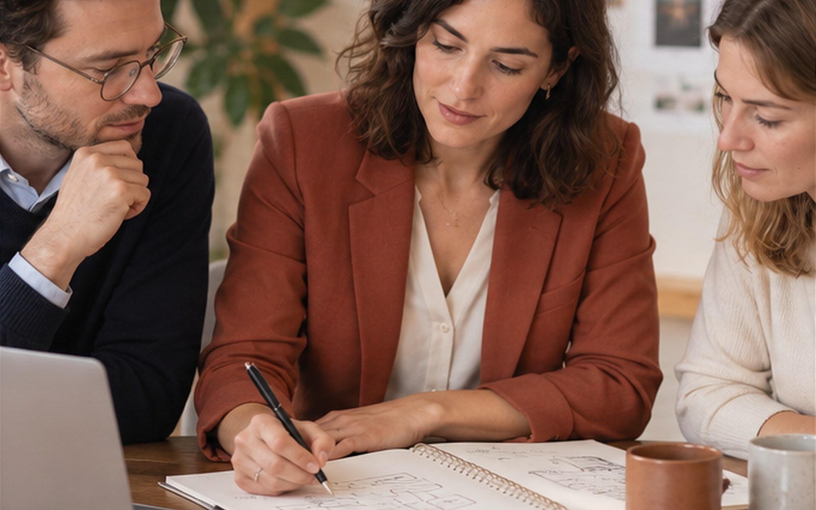 Professionnelle préparant un plan d’action avec ses collègues.
