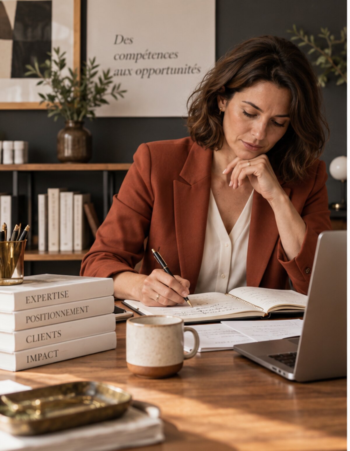 Consultante structurant une offre de service sur un carnet devant son ordinateur