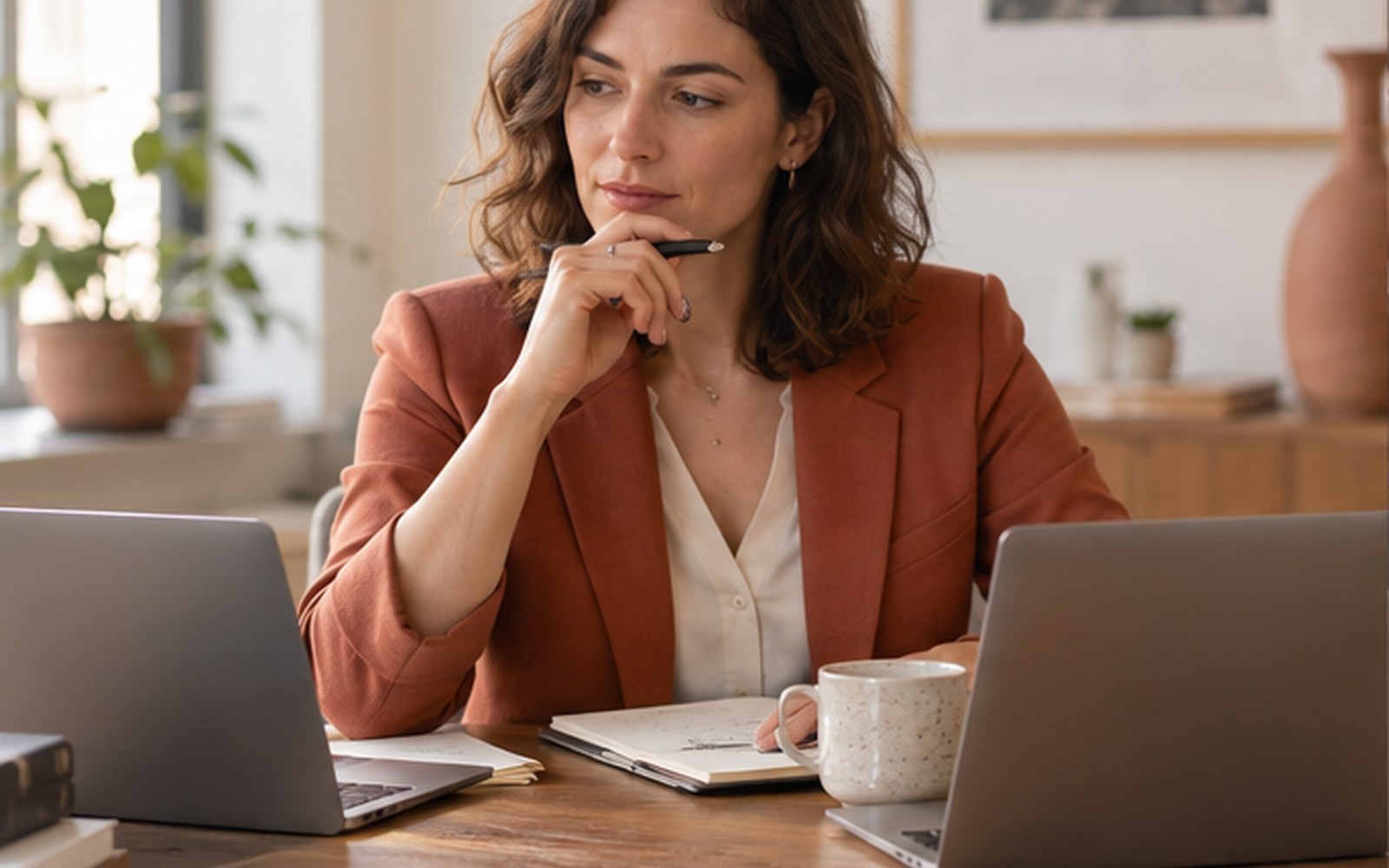 Professionnelle réfléchissant à une initiative au travail.