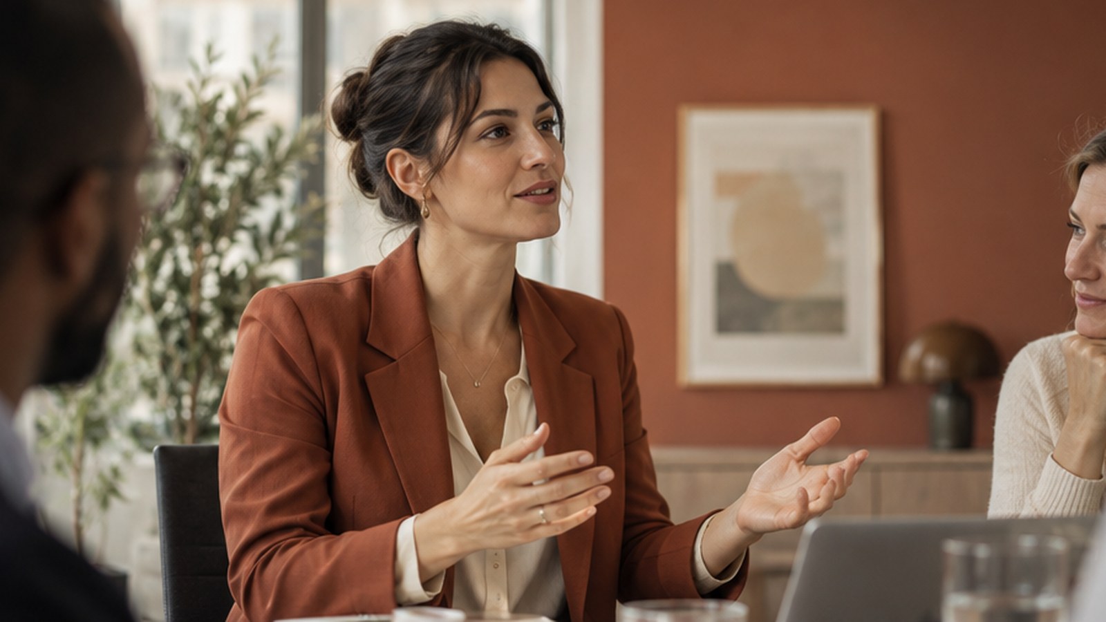 Professionnelle présentant calmement une proposition à son équipe