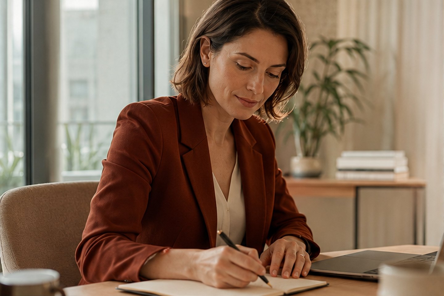 Professionnelle réservée préparant ses notes avant une réunion
